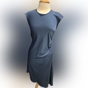 Blue ruched stretch dress with asymmetrical hem